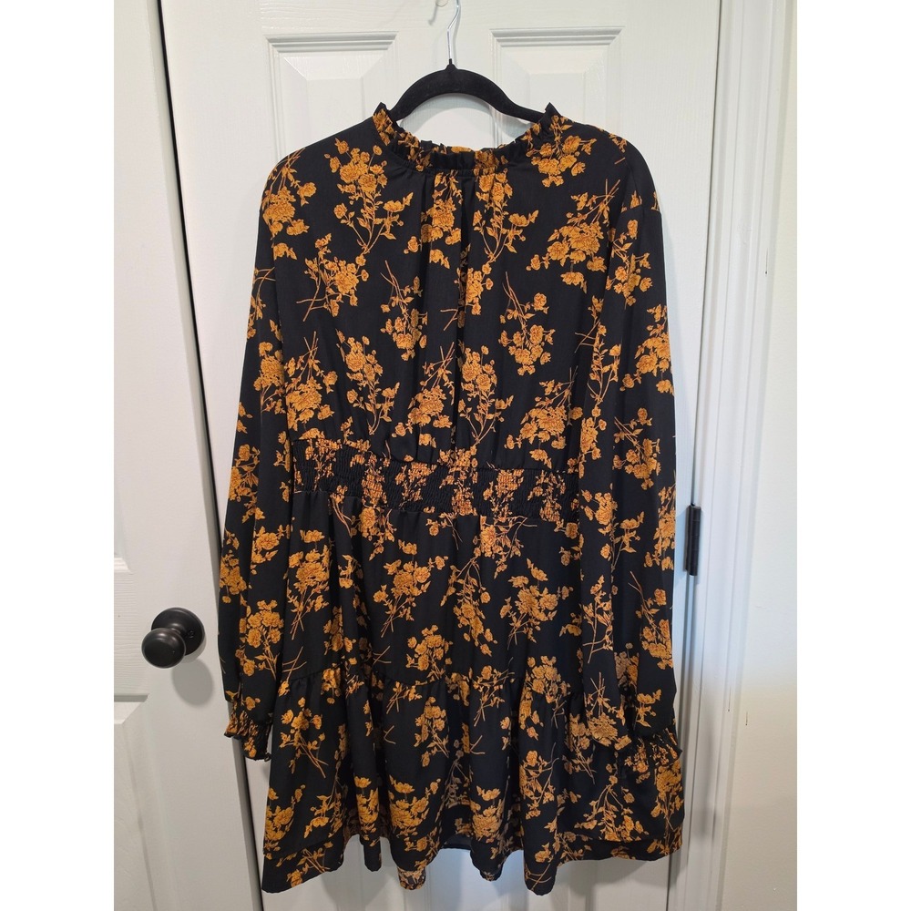 Shein Curve Black Mustard Floral Smocked Waist Mini Dress 3XL JIT7253101